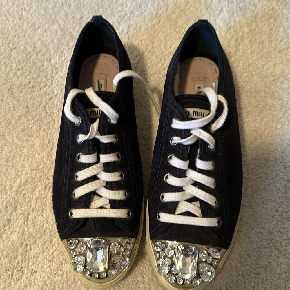 Miu Miu - beautiful sneakers- black suede with diamonds - elegant